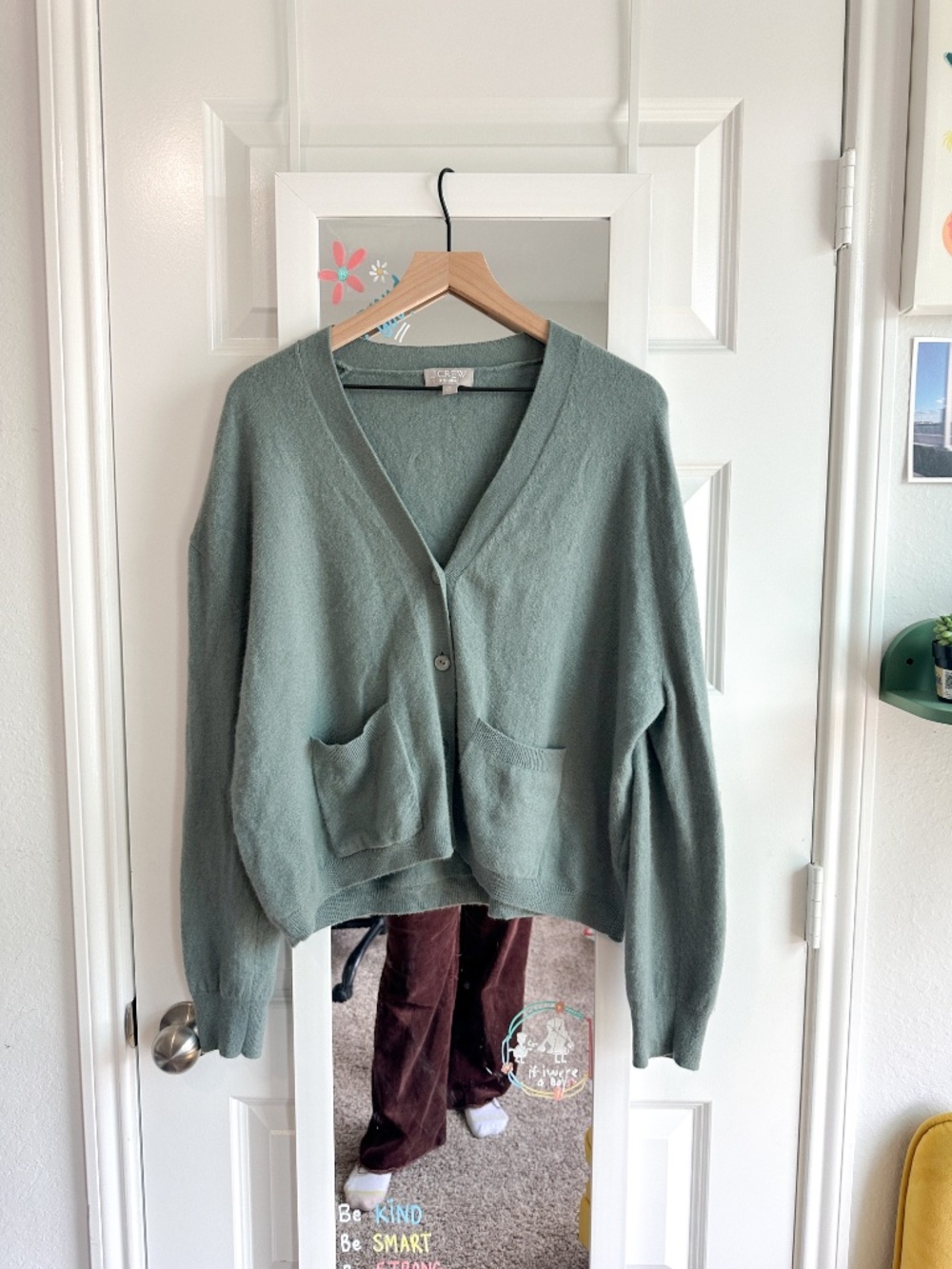 J. Crew 100% Cashmere Sage Green Oversized V-Neck Boyfriend Cardigan XL